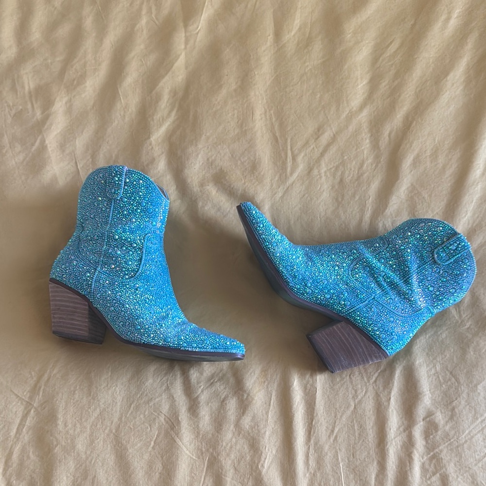 Betsey Johnson Diva Turquoise Rhinestone Crystal Glitter Ankle Cowboy Boots 6.5 - Picture 12 of 12